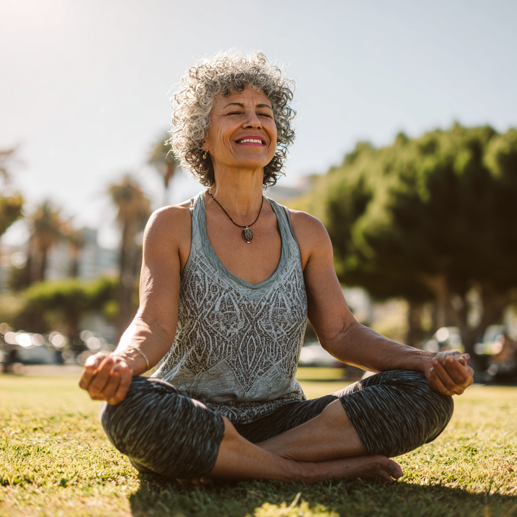 Mujer colombiana sonriente practicando yoga en postura de meditación al aire libre