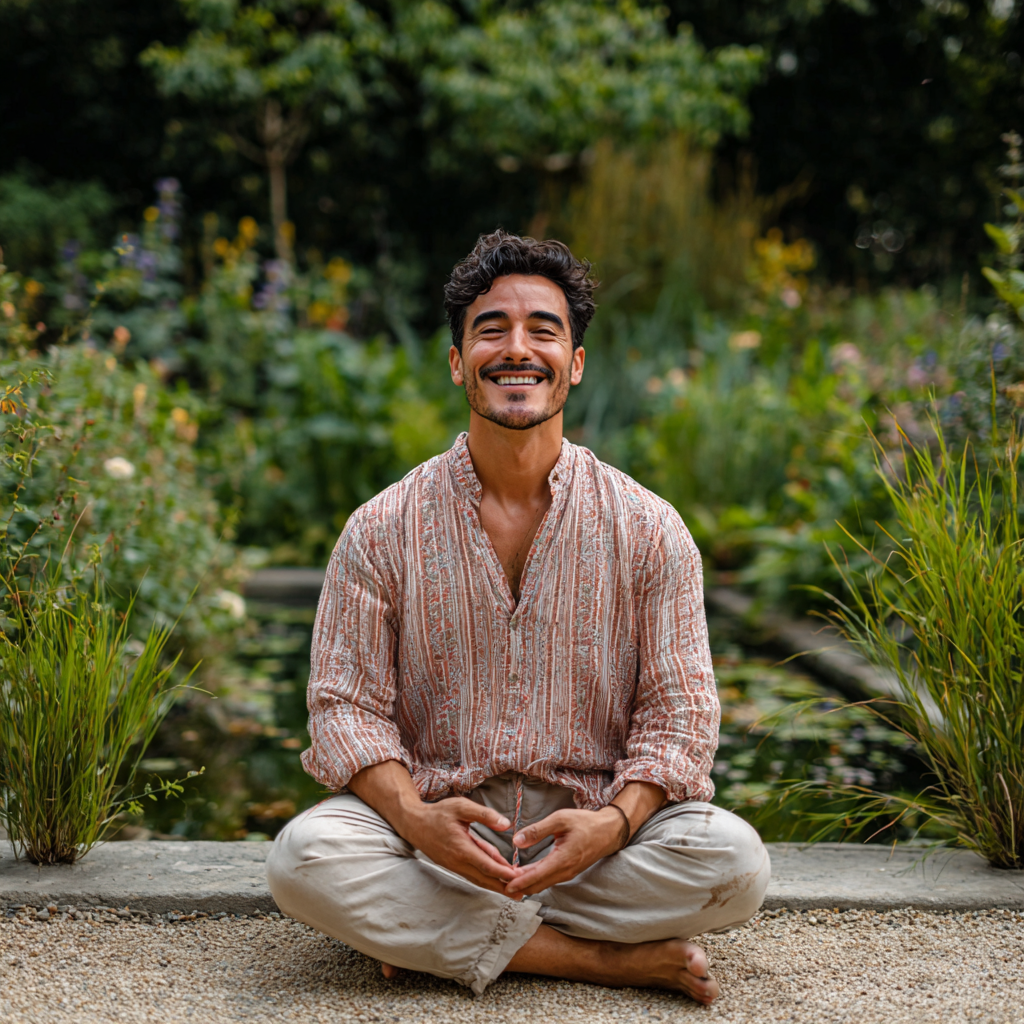 Adulta colombiana sonriente realizando estiramiento de yoga en ambiente de oficina
