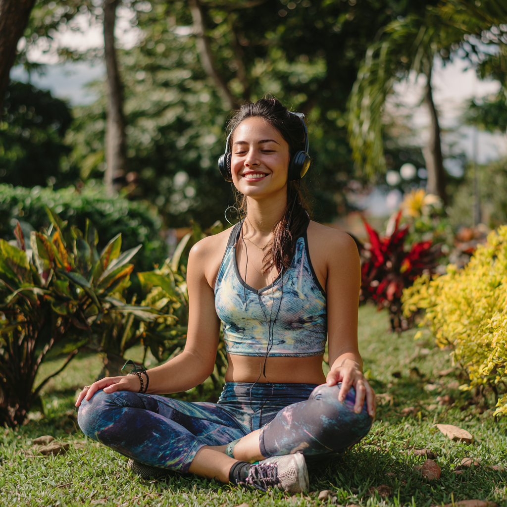 Persona colombiana sonriente en postura de yoga demostrando equilibrio y serenidad